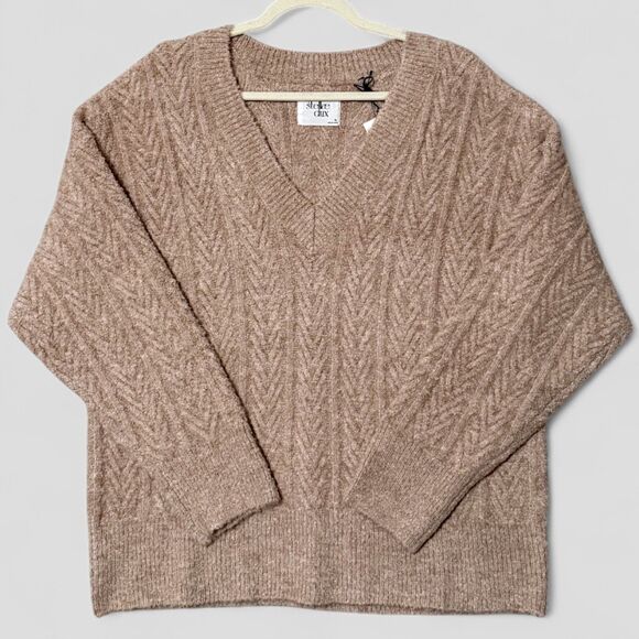NWT Stellae Dux V-Neck Sweater Cable-Knit Long Sleeve Drop Shoulder Tan Size XL - Picture 1 of 9